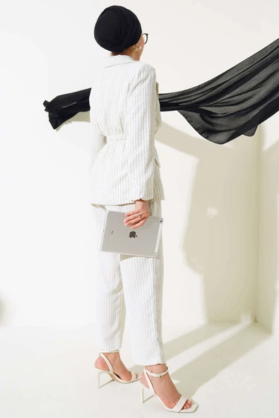 Bel Lastikli Çizgili Ceket Takım Ekru - Resim 3