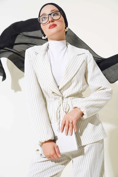 Bel Lastikli Çizgili Ceket Takım Ekru - Resim 2