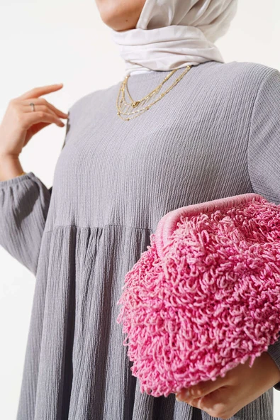 Kol Lastikli Bürümcük Elbise Gri - Resim 4