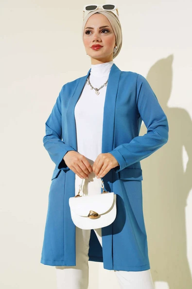 Kol Katlamalı Uzun Ceket İndigo ürün görseli 1