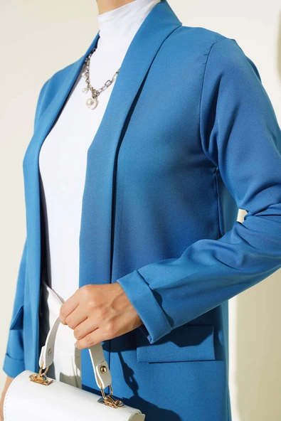 Kol Katlamalı Uzun Ceket İndigo - Resim 4