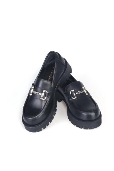 Siyah Hakiki Deri Yüksek Taban Loafer Kadın Ayakkabı - Resim 5