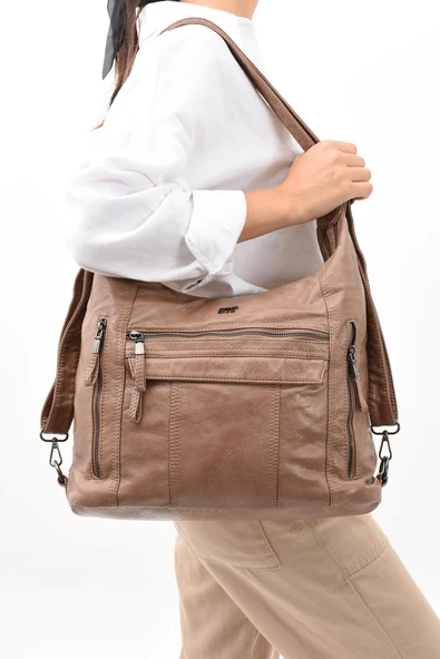 571 collections Suni Deri Yumuşak Dokumalı Sırt Omuz Çantası Vizon (Model: 571-11-13B) - Resim 2