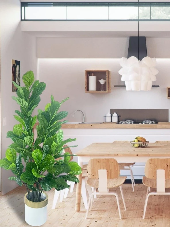 Nettenevime Yapay Ağaç Keman Yapraklı Kavuçuk Yeşil Salon Bitkisi Beyaz Gold Galvaniz Saksıda 140cm - 2