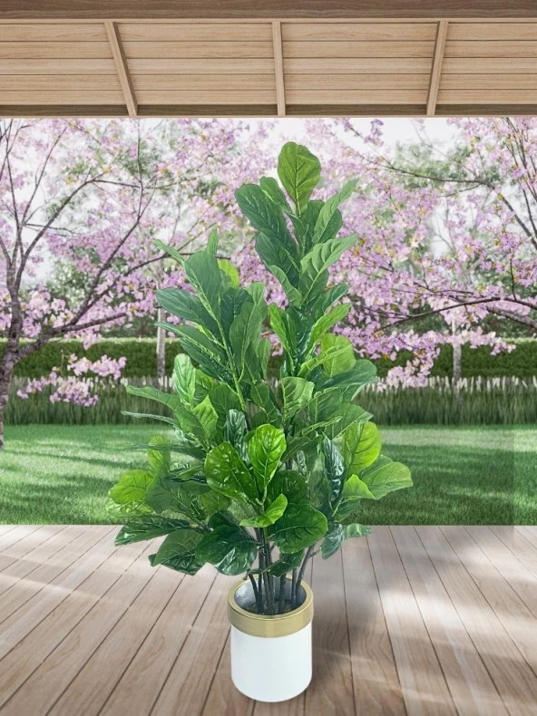 Nettenevime Yapay Ağaç Keman Yapraklı Kavuçuk Yeşil Salon Bitkisi Beyaz Gold Galvaniz Saksıda 140cm - 3