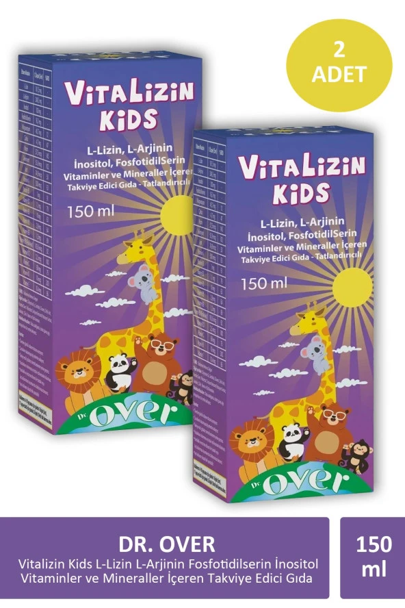 Dr. Over Vitalizin Kids L-Lizin L-Arjinin Fosfotidilserin İnositol Vitaminler ve Mineraller İçeren Takviye Edici Gıda 150 ml X 2 Adet