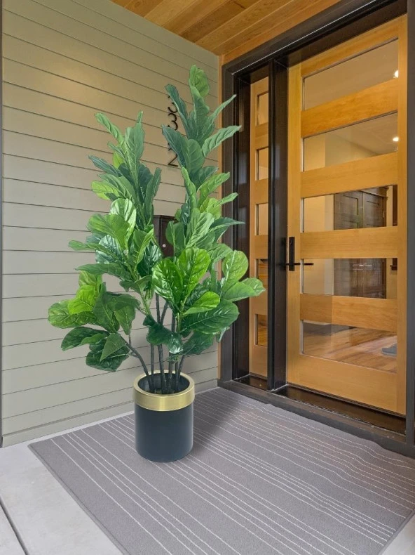 Nettenevime Yapay Ağaç Keman Yapraklı Kavuçuk Yeşil Salon Bitkisi Siyah Gold Galvaniz Saksıda 140cm - Resim 2