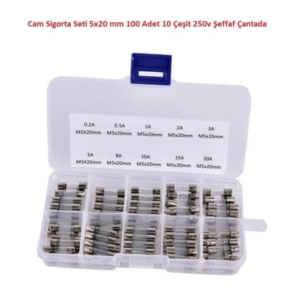 Cam Sigorta Seti 5x20 mm 100 Adet 10 Çeşit 250v Şeffaf Çantada