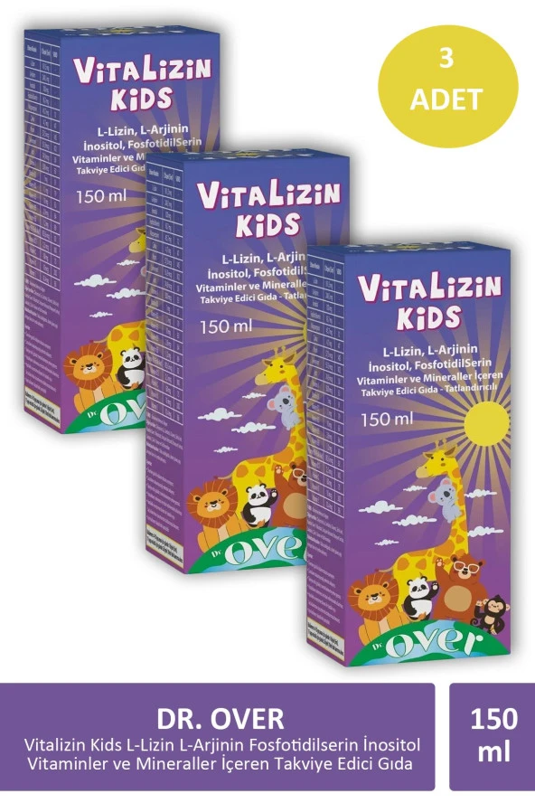 Dr. Over Vitalizin Kids L-Lizin L-Arjinin Fosfotidilserin İnositol Vitaminler ve Mineraller İçeren Takviye Edici Gıda 150 ml X 3 Adet