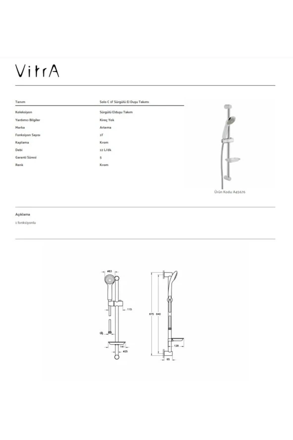 Solo C A45676 1F Sürgülü El Duşu Takımı, Krom - 3