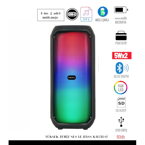 HEPU HP 959 Taşınabilir Şarjlı Rgb Bluetooth Hoparlör Extra Bass Performans