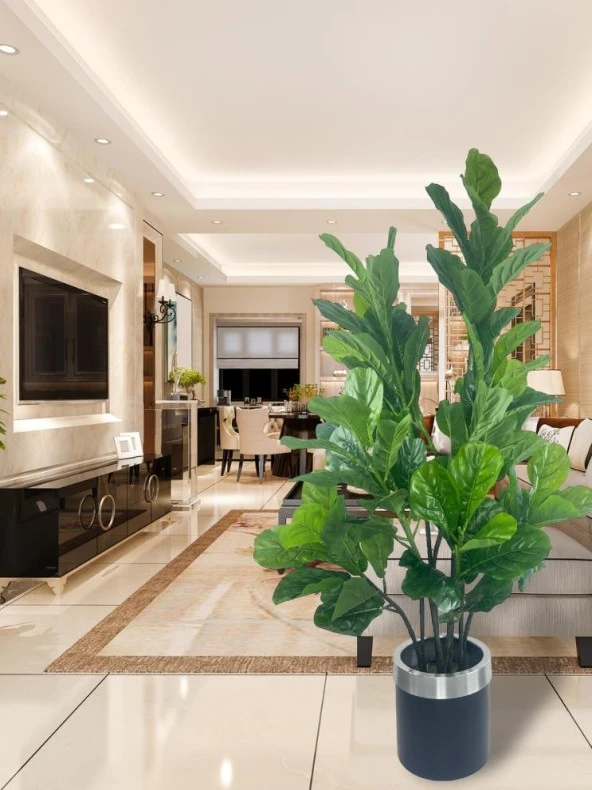 Nettenevime Yapay Ağaç Keman Yapraklı Kavuçuk Yeşil Salon Bitkisi Siyah Gümüş Galvaniz Saksıda 140cm - 2