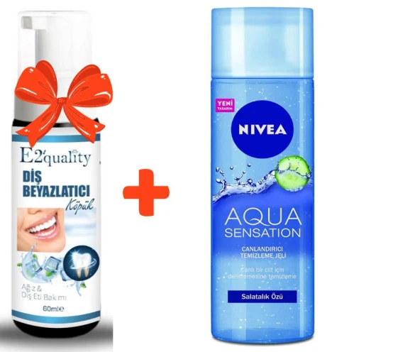E2'quality Diş Beyazlatıcı Köpük + NIVEA Aqua Sensation Canlandırıcı Yüz Temizleme Jeli (200 ml), Salatalık Özü İçeren Formül ile Etkili Yüz Temizleme, Canlanmış Cilt Tonu, Tüm Cilt Tipleri