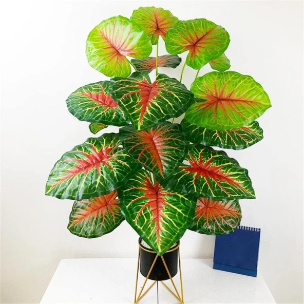 Yapay Çiçek Saksıda Tropik Kızıl Caladium 18 Dal 70 cm Salon Çiçeği Yapay Bitki - 3
