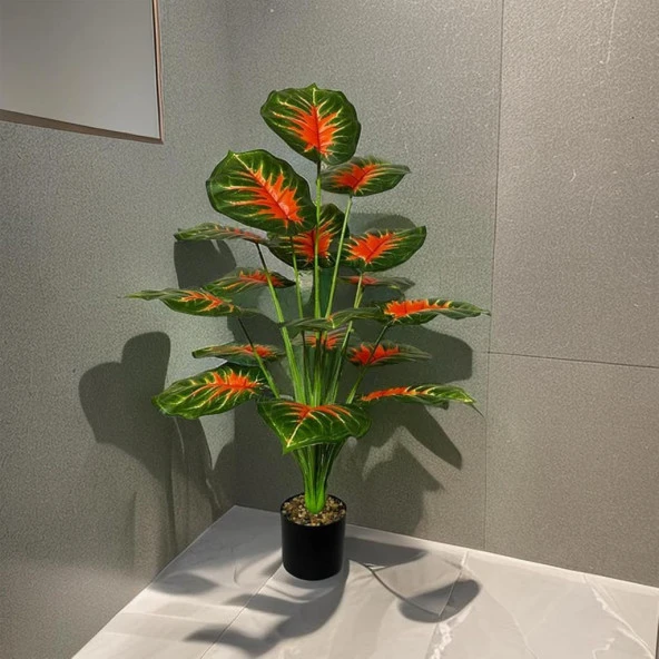 Yapay Çiçek Saksıda Tropik Kızıl Caladium 18 Dal 70 cm Salon Çiçeği Yapay Bitki - 6