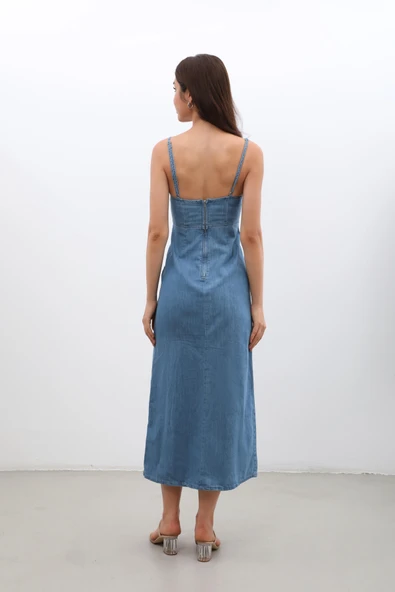 İnce Askılı Yırtmaçlı Jean Elbise - 8