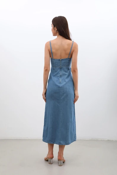 İnce Askılı Yırtmaçlı Jean Elbise - 8