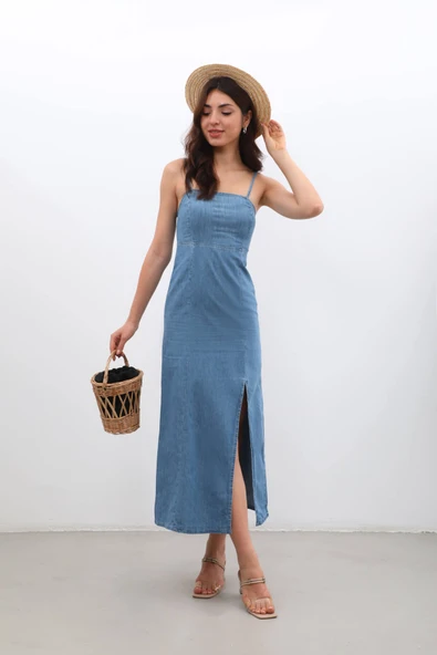 İnce Askılı Yırtmaçlı Jean Elbise - 3