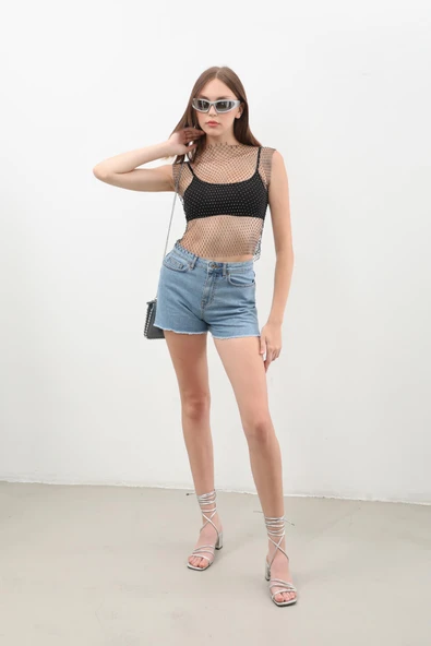 Kadın Yüksek Bel Püsküllü Açık Mavi Jean Şort - 3