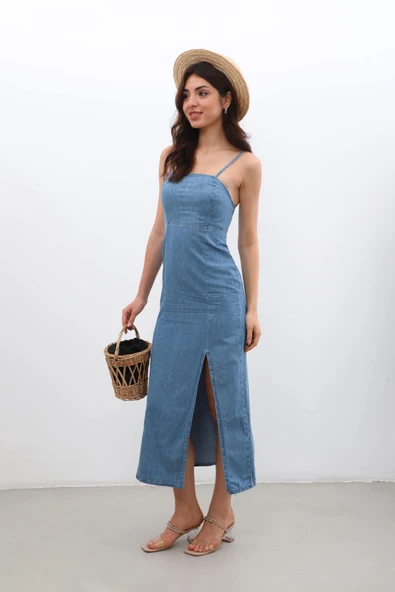 İnce Askılı Yırtmaçlı Jean Elbise - 6