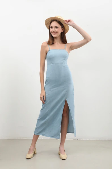 İnce Askılı Yırtmaçlı Jean Elbise - 11