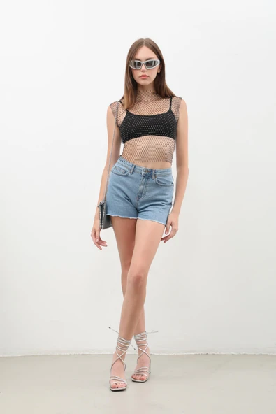 Kadın Yüksek Bel Püsküllü Açık Mavi Jean Şort - 2