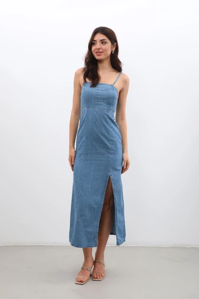 İnce Askılı Yırtmaçlı Jean Elbise - 5