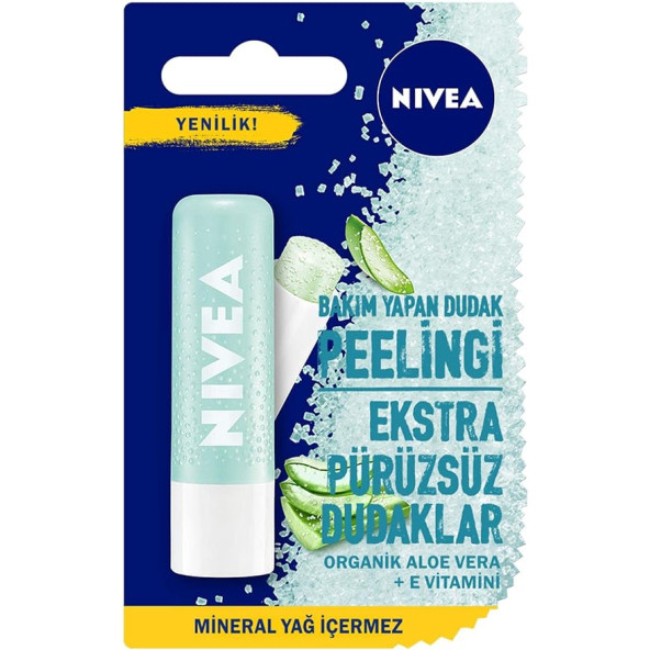 NIVEA Aloe Vera Dudak Bakım Peeling, Dudak Nemlendirici, Makyaj Bazı, E Vitamini ve Organik Aloe Vera İçeren Dudak Kremi, 4,8g