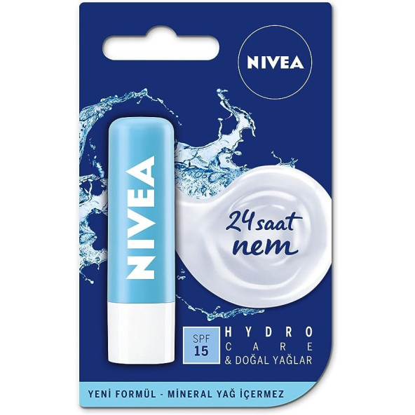 NIVEA Hydro Care Dudak Bakım Kremi, 24 Saat Nem, Aloe Vera, Saf Su ve Doğal Yağlar, SPF 15, Gün Boyu Dudak Bakımı, 4,8g - 4