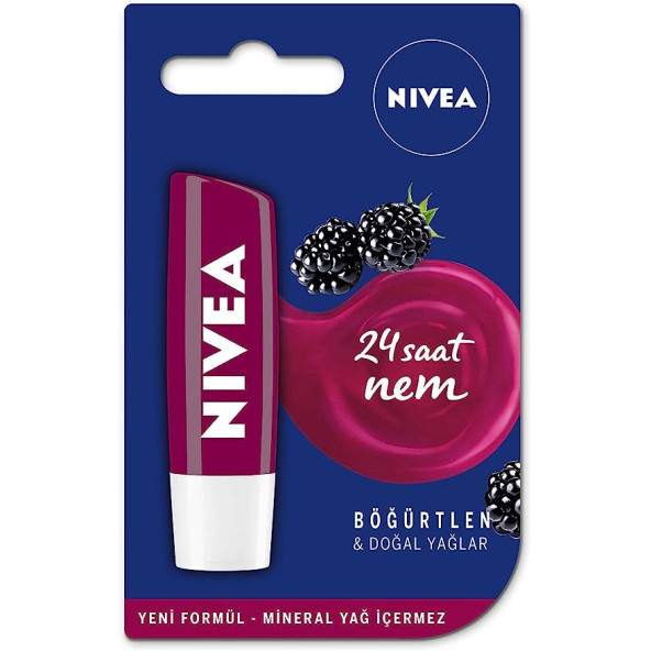 NIVEA Böğürtlen Dudak Bakım Kremi, 24 Saat Nem, Hafif Bordo Işıltı, Doğal Yağlar ile Gün Boyu Dudak Bakımı, Böğürtlen Kokusu, 4.8 gr - 4
