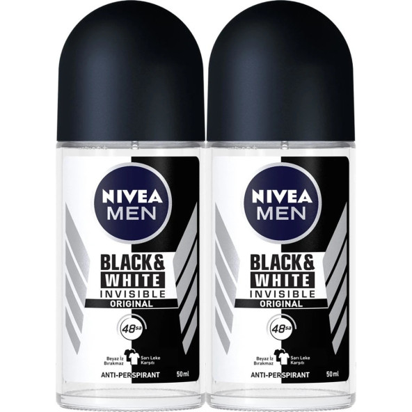 NIVEA Men Erkek Roll on Deodorant Invisible Black&White Original, 48 Saat Anti-perspirant Koruma 50 ml x 2 Adet