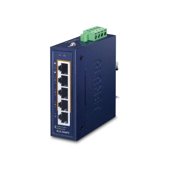 Planet PL-LGS-504PT Compact Industrial 4-Port 10/100/1000T 802.3At Poe + 1-Port 10/100/1000T Ethernet Switch (-40~75 Degrees C)