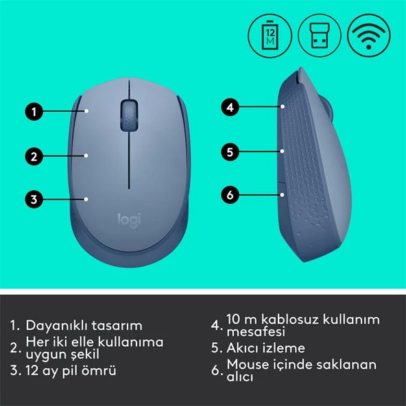 Logitech M171 Kablosuz Mouse Mavi-Gri 910-006866 - Resim 3