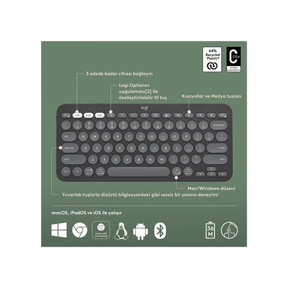 Logıtech K380S Pebble Keys 2  Siyah, 920-011859 Bluetooth Türkçe Q Multimedya Mini Klavye - 2