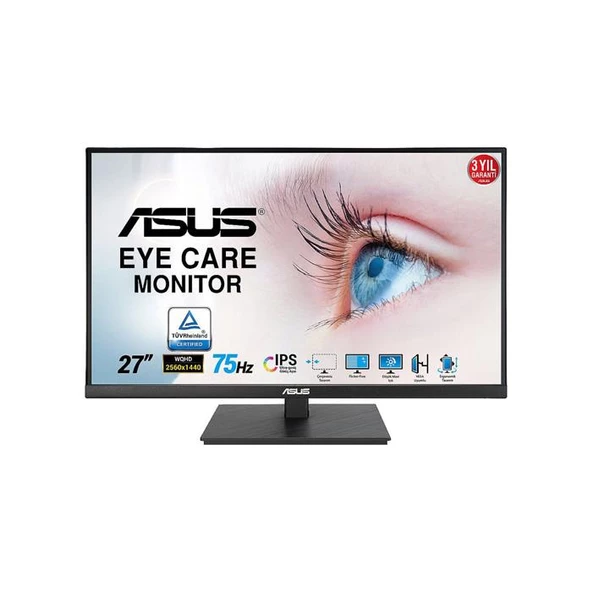 Asus VA27AQSB 27" Ips Freesync 2560X1440 1Ms(Mprt) 75Hz Dp Hdmi Usb X2 Mm Vesa 3Yıl Eyecare, Flıcker-Free,Cercevesız,Dusuk Mavı Isık,Pıvot