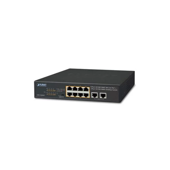 PL-GSD-1008HP Yönetilemeyen Masaüstü Tip Switch (Unmanaged Desktop Switch) 8-Port 10/100/1000T IEEE 802.3 at/af PoE+ Injector (Per port 30.8 watt) (PoE Güç Bütçesi maks. 120 Watt) 2-Port 10/100/1000T