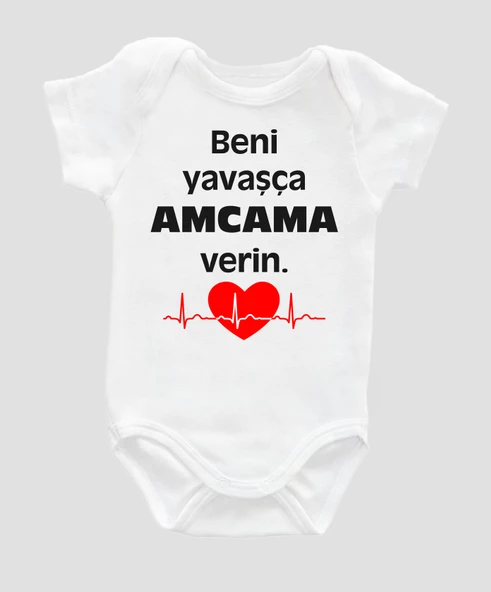 Beni Yavaşça Amcama Verin Yazılı Bebek Body %100 Pamuklu Beyaz Badi Zıbın Organik Baskılı ZBN012