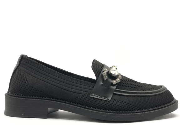 Feles Toka Taş Detaylı Triko Loafer Kadın Babet Ayakkabı - 5