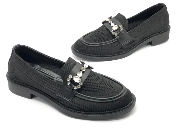 Feles Toka Taş Detaylı Triko Loafer Kadın Babet Ayakkabı - Resim 2