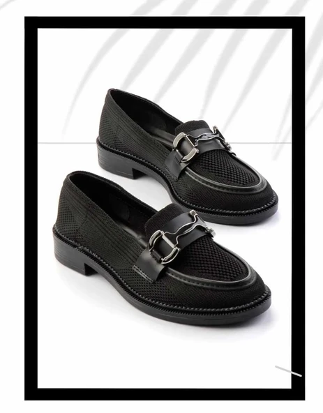 Feles Toka Detaylı Triko Loafer Kadın Babet Ayakkabı - Resim 4