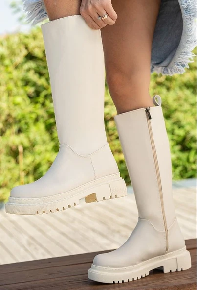 Feles Kalın Taban Diz Altı Fermuarlı Rahat Kadın Çizme - Resim 22