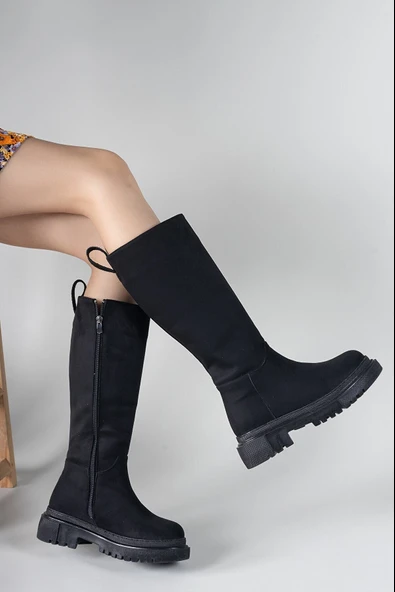 Feles Kalın Taban Diz Altı Fermuarlı Rahat Kadın Çizme - Resim 11