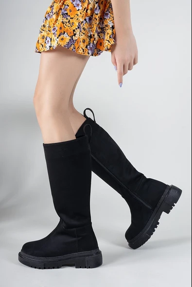 Feles Kalın Taban Diz Altı Fermuarlı Rahat Kadın Çizme - Resim 14