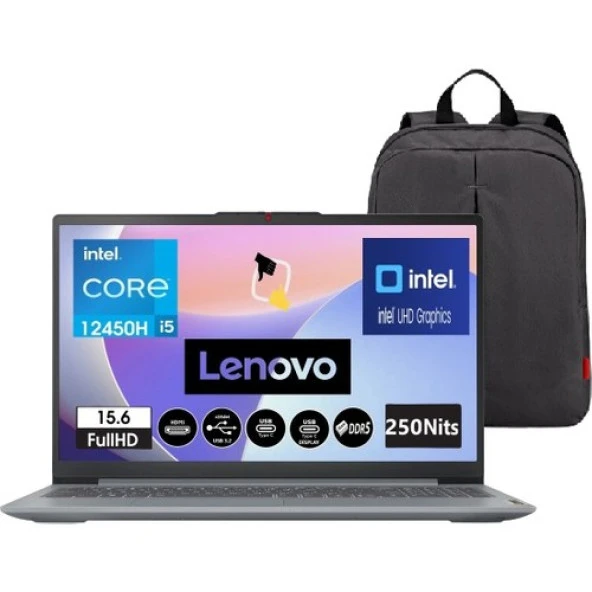 Lenovo Ideapad Slim 3 Intel Core I5 12450H 16GB 512GB UHD Graphics 15.6 Fhd Freedos Bilgisayar 83ER008KTR+SNERTECHÇANTA