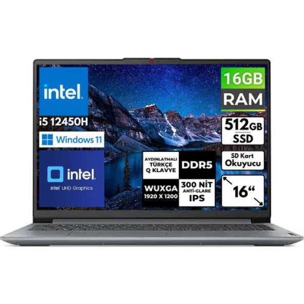 Lenovo Ideapad Slim3 16IAH8 I5- 12450H 16 GB 512 GB SSD 16 Wuxga Windows 11 Pro Taşınabilir Bilgisayar 83ES002HTR Bt8