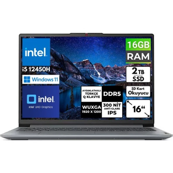 Lenovo Ideapad Slim3 16IAH8 I5- 12450H 16 GB 2 Tbssd 16 Wuxga Windows 11 Pro Taşınabilir Bilgisayar 83ES002HTR Bt5