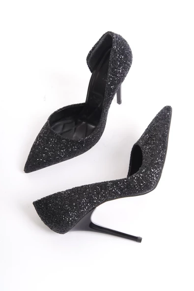 Sesa Siyah Cam Kırığı Stiletto Yüksek İnce Topuklu Abiye Ayakkabı