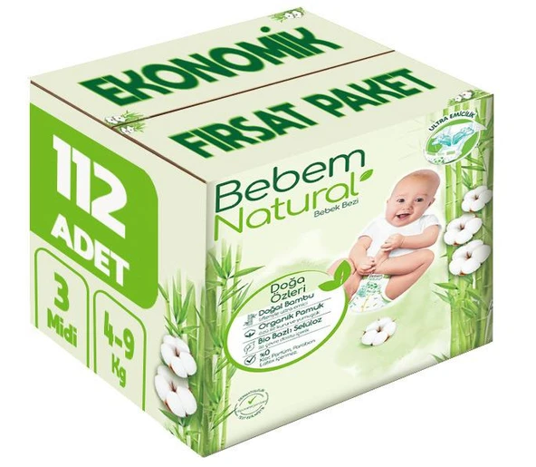 Bebem Bebek Bezi Natural Beden:3 (4-9Kg) Midi 112 Adet Ekonomik Fırsat Pk ürün görseli