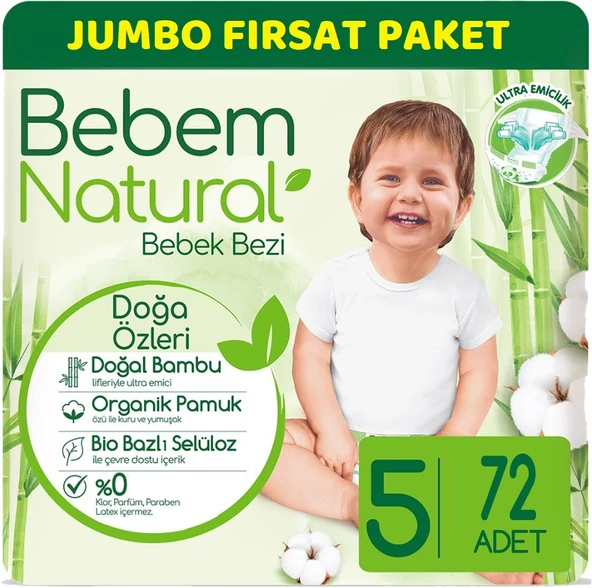 Bebem Bebek Bezi Natural Jumbo Fırsat Pk Beden:5 (11-18Kg) Junior 72 Adet