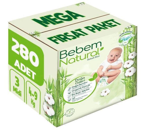 Bebem Bebek Bezi Natural Beden:3 (4-9Kg) Midi 280 Adet Mega Fırsat Pk ürün görseli 1